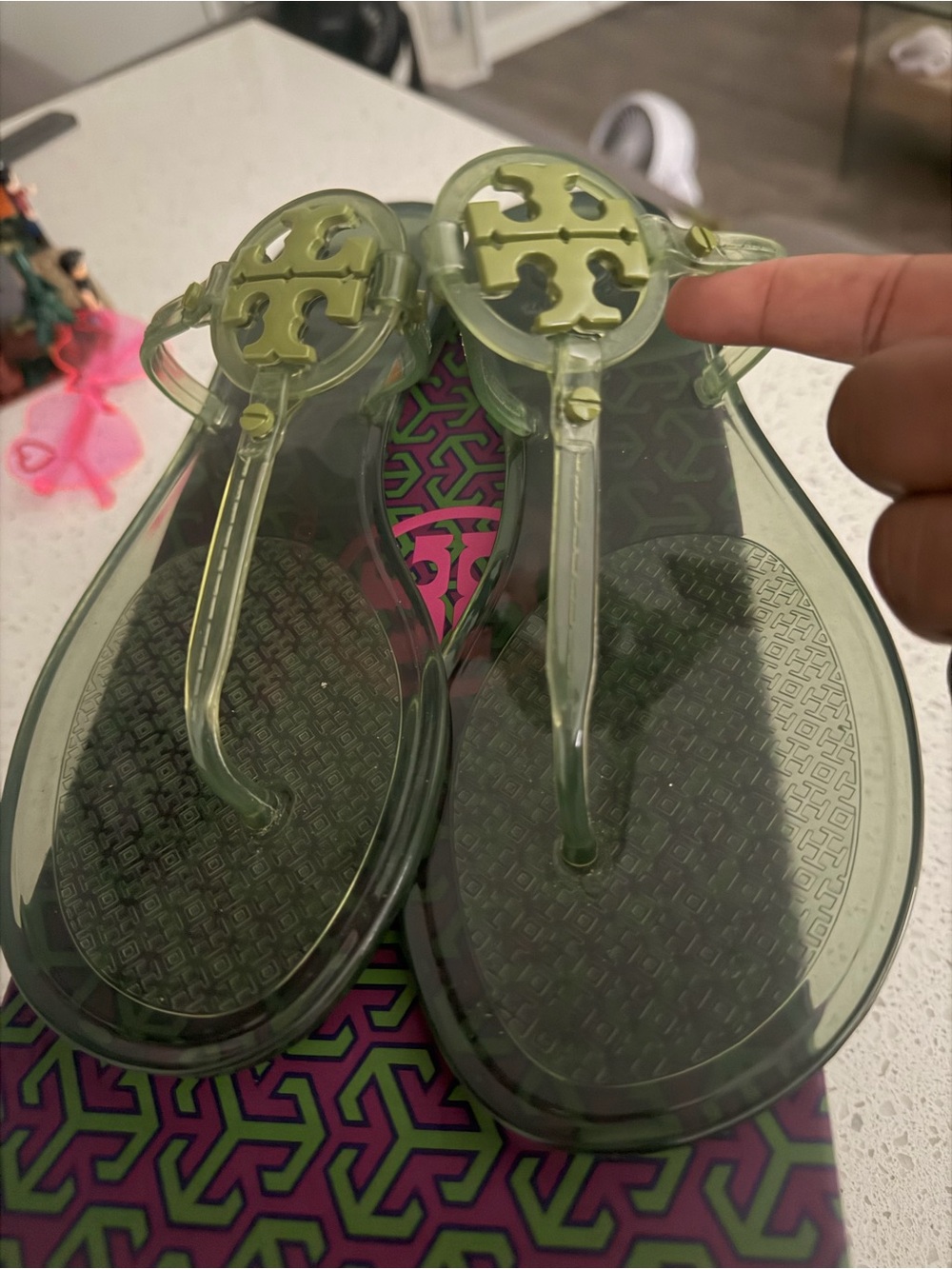 Tory Burch Translucent Olive Green Jelly Logo Thong Sandals
